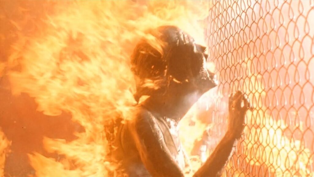 Linda Hamilton as Sarah Connor being burned alive in Terminator 2: Judgement Day