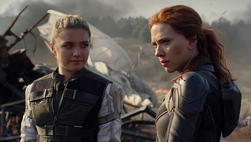 Florence Pugh as Yelena and Scarlett Johansson as Natasha in Black Widow