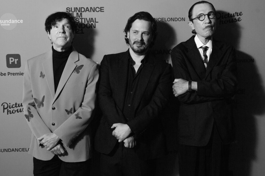 Sundance London festival red carpet for The Sparks Brothers premiere with director Edgar Wright, Russell Mael and Ron Mael