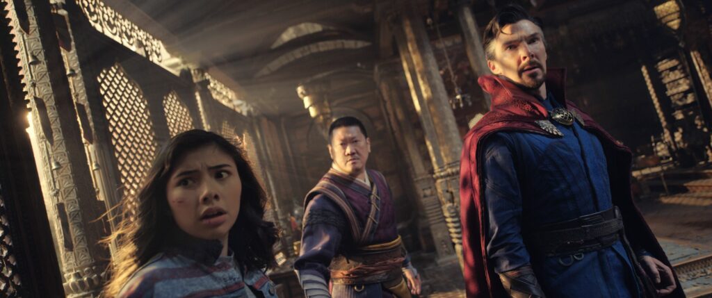Xochitl Gomez, Benedict Wong and Benedict Cumberbatch in Doctor Strange in The Multiverse of Madness