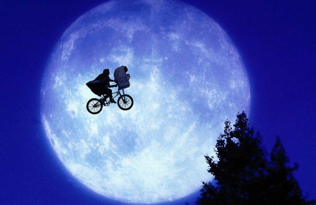e.t. the extra-terrestrial shot of bike against moon backdrop